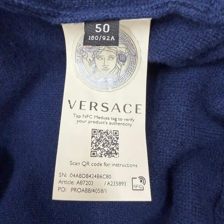 Great VERSACE sweater Medusa knit hoodie pullover blue wool mens L A87203