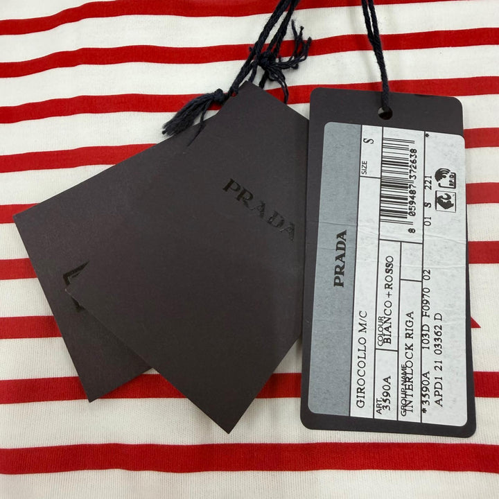 Pristine PRADA Short sleeve T-shirt Triangle Logo Border Crew Neck Red Women S