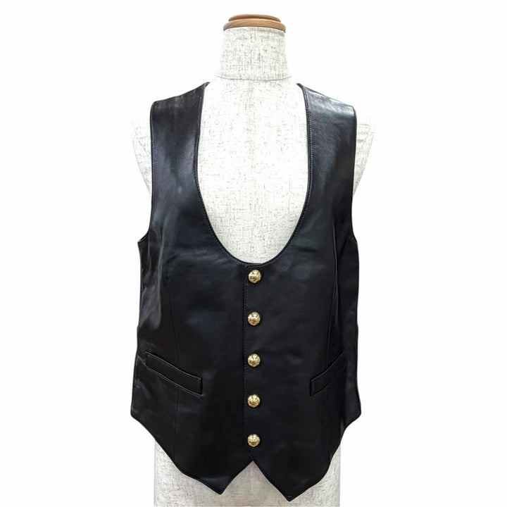 Pristine CELINE Best Triomphe gold button lambskin vest gilet black 38 2O112050O