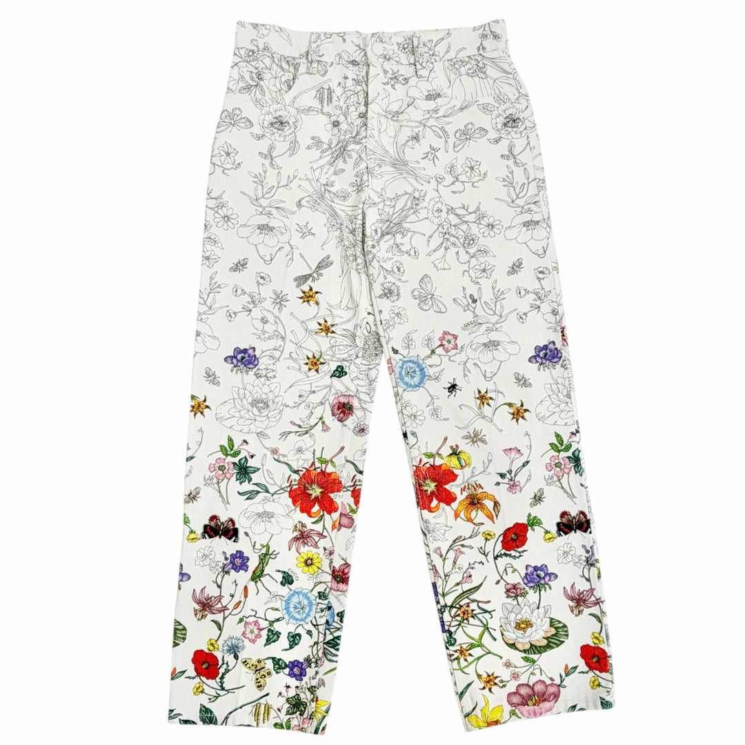 Pristine GUCCI Pants Logo leather patch with floral print white 24 812233 XDDC7