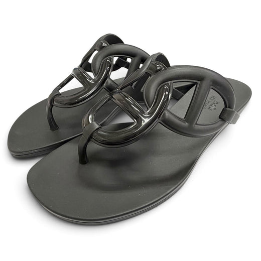 Pristine HERMES Sandals Ejuri Chaine d'Ancre motif rubber flats black Women 35