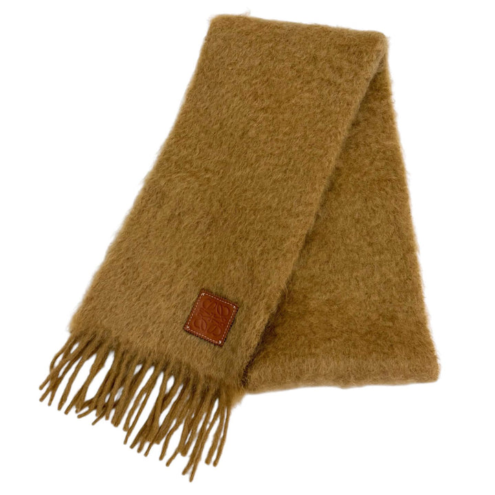 Excellent LOEWE Scarf Leather Anagram patch with fringe Brown mohair A-28003861