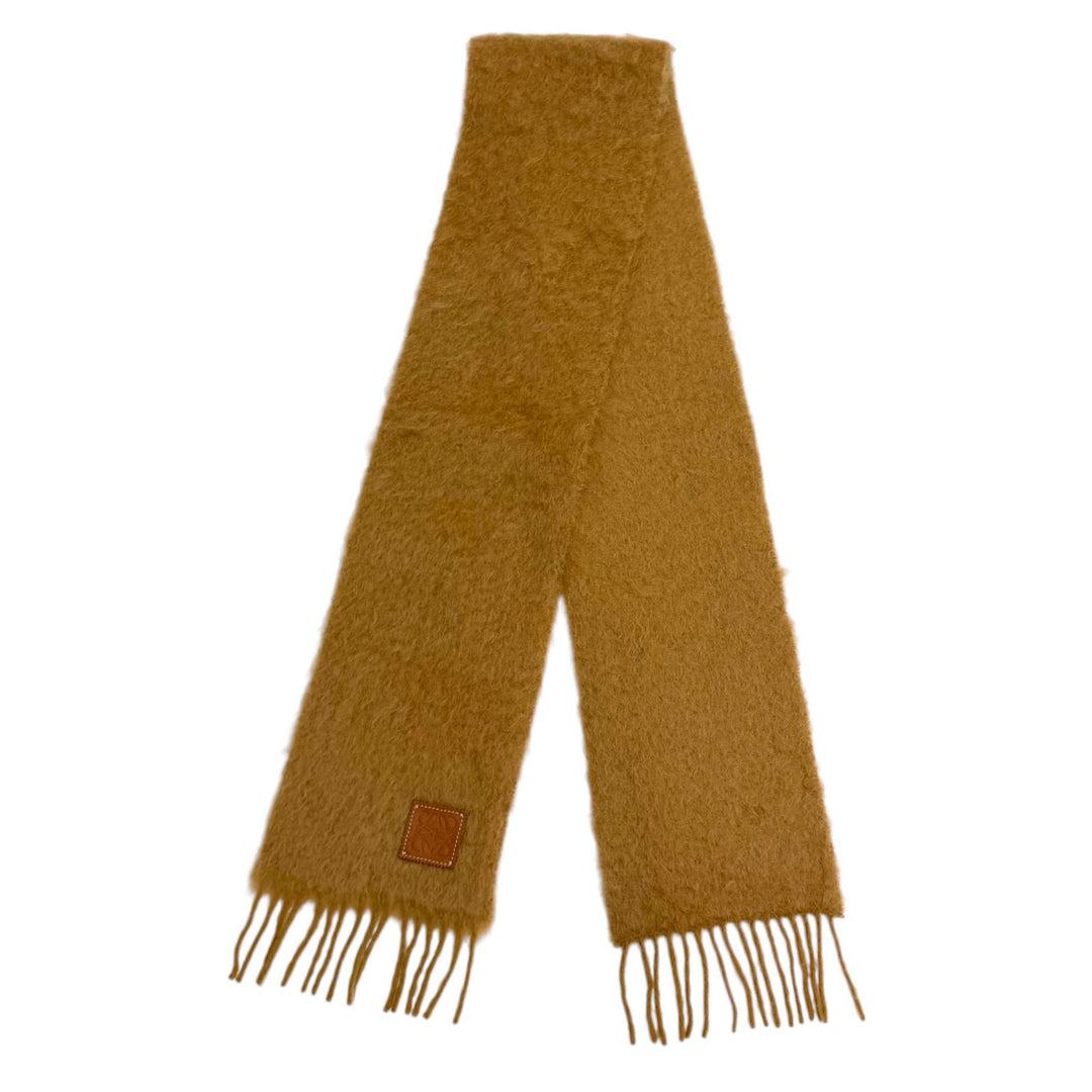 Excellent LOEWE Scarf Leather Anagram patch with fringe Brown mohair A-28003861