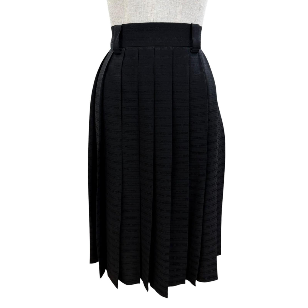 Excellent MIUMIU Pleated skirt Logo design black silk Women 38 MG2010