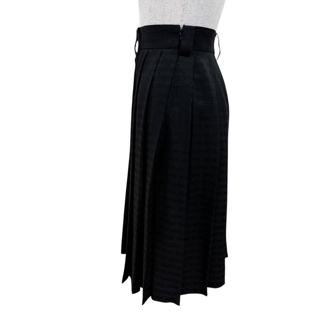 Excellent MIUMIU Pleated skirt Logo design black silk Women 38 MG2010