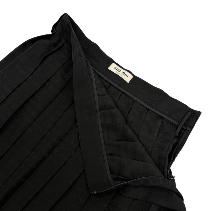 Excellent MIUMIU Pleated skirt Logo design black silk Women 38 MG2010