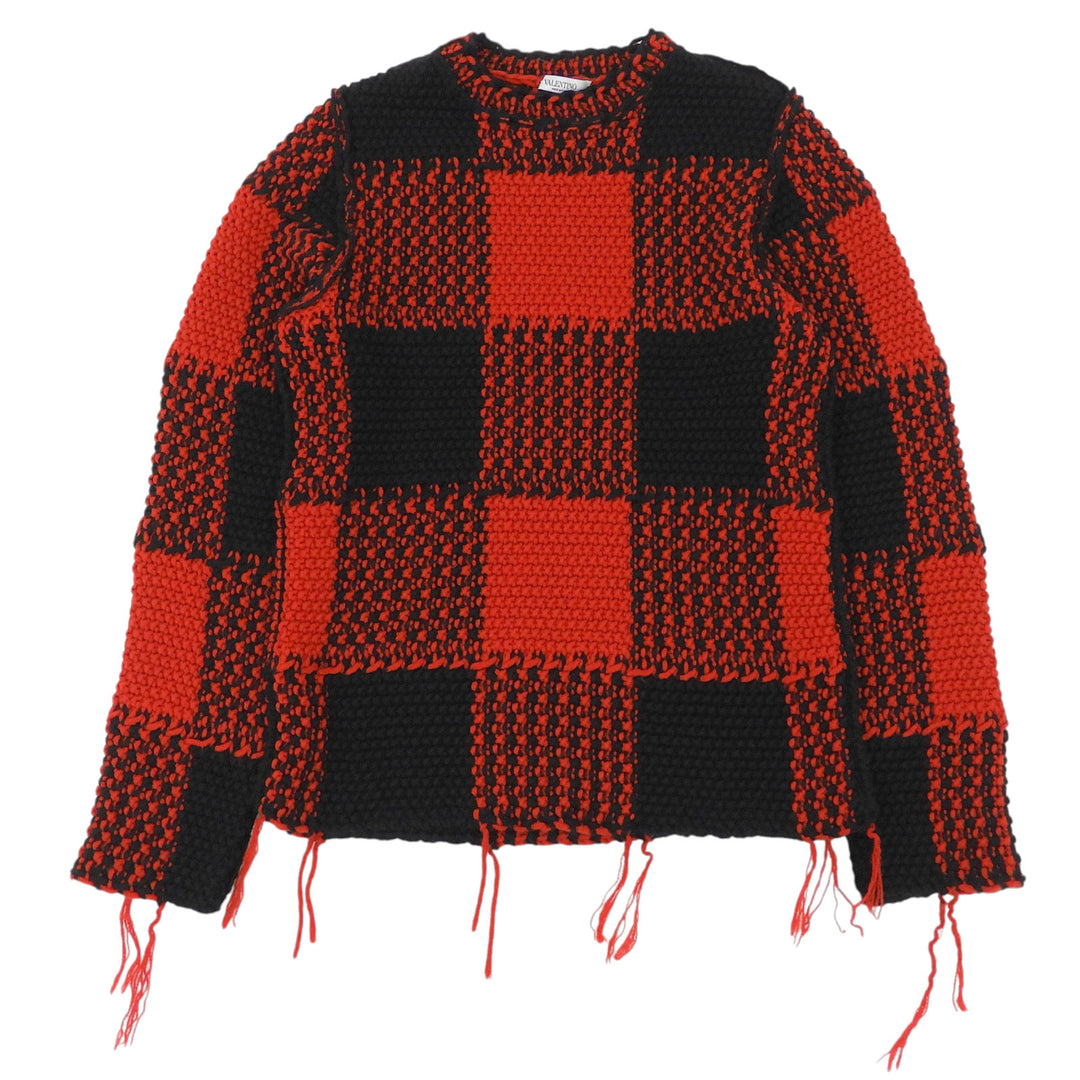 Great VALENTINO knit Buffalo check fringe Red wool mens S LV0KC15A3US
