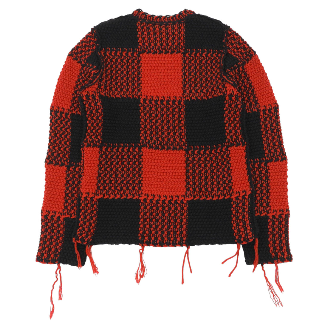 Great VALENTINO knit Buffalo check fringe Red wool mens S LV0KC15A3US