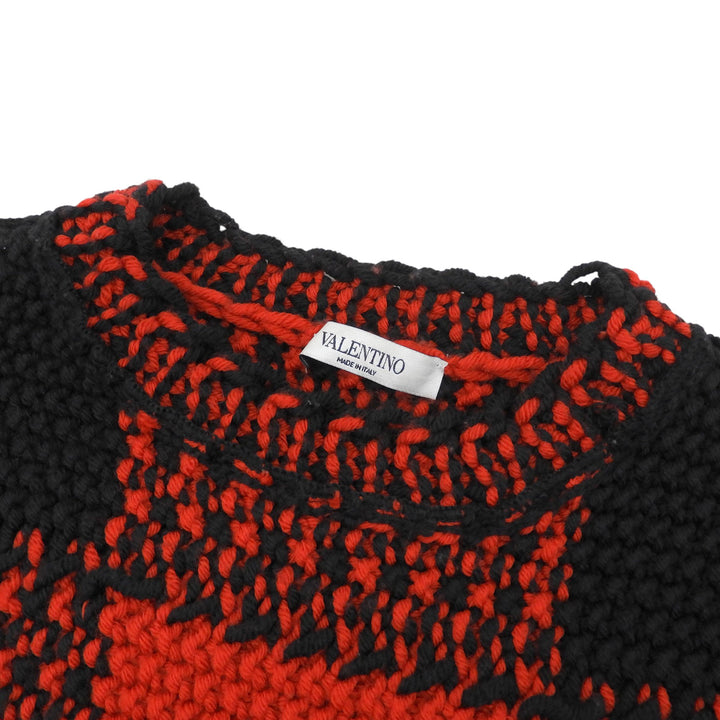 Great VALENTINO knit Buffalo check fringe Red wool mens S LV0KC15A3US