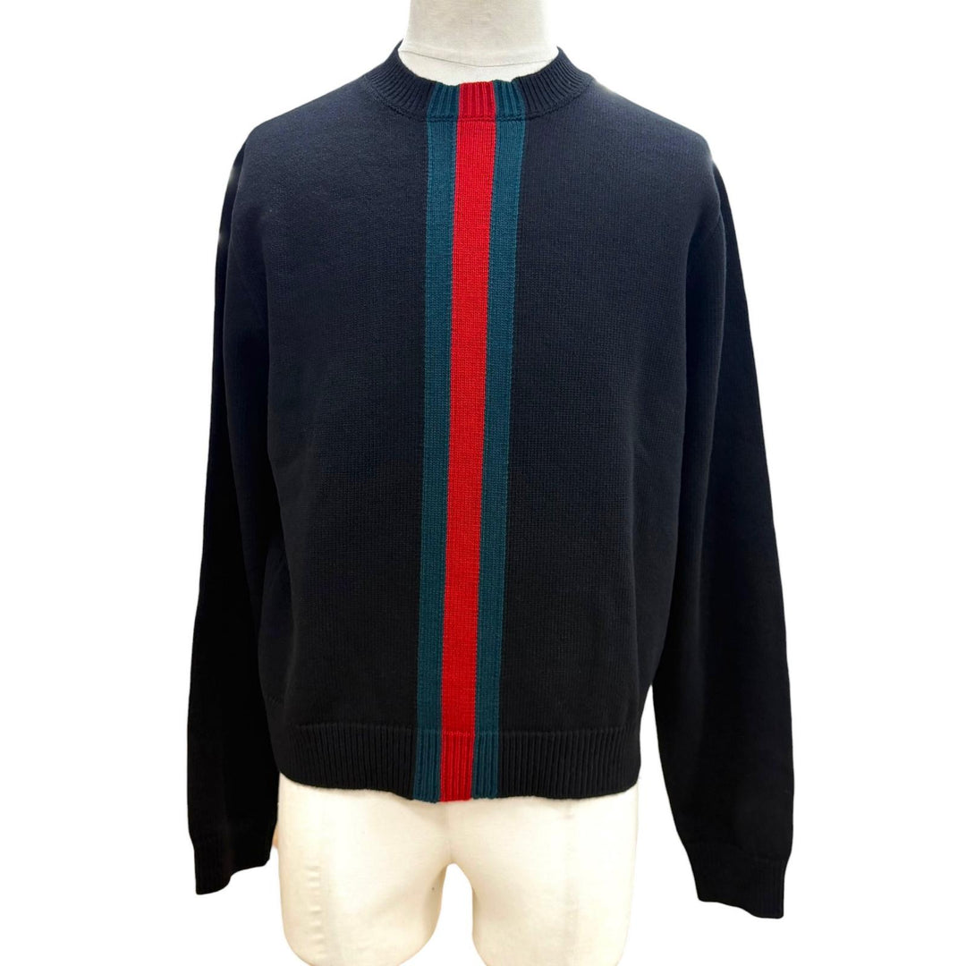 Excellent GUCCI sweater Web stripe intarsia fine wool knit black wool L 862532