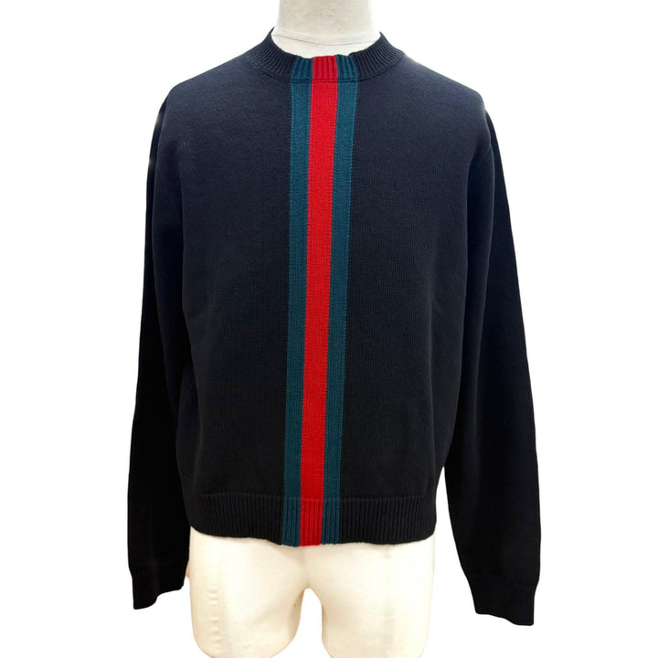 Excellent GUCCI sweater Web stripe intarsia fine wool knit black wool L 862532