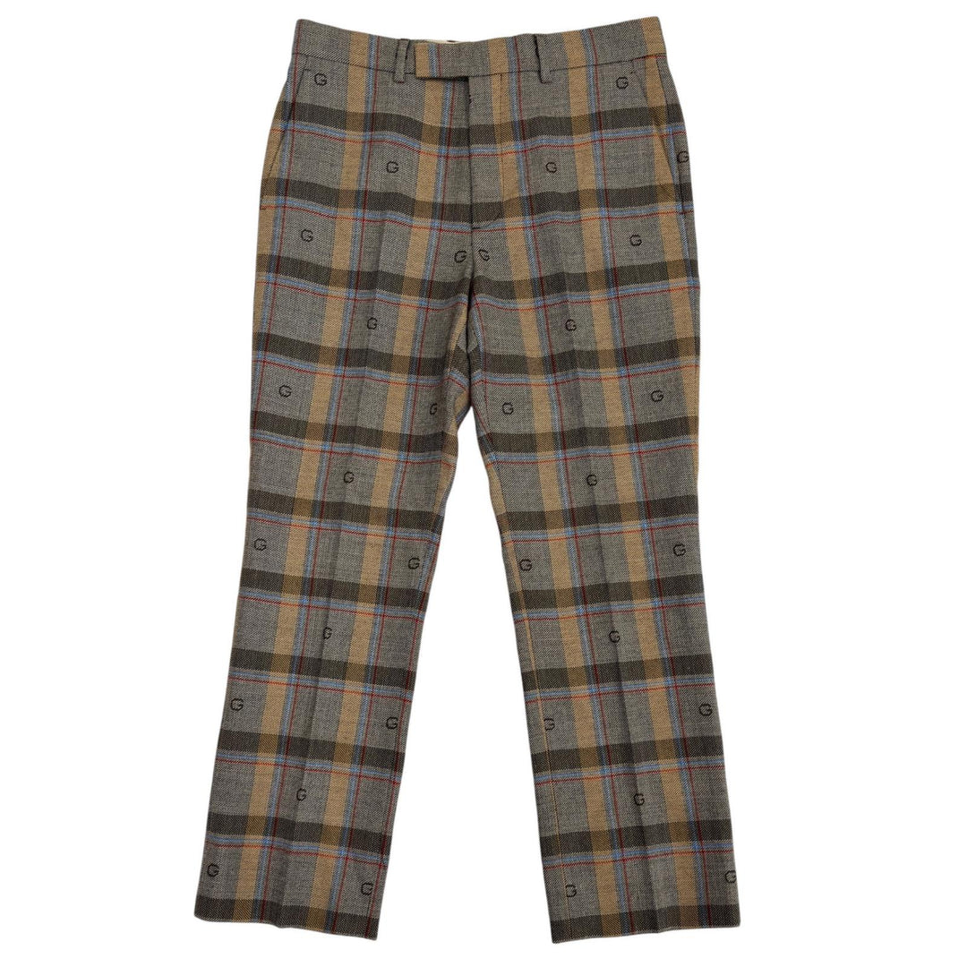 Excellent GUCCI slacks G logo, pleated, check pattern. wool 48 680704