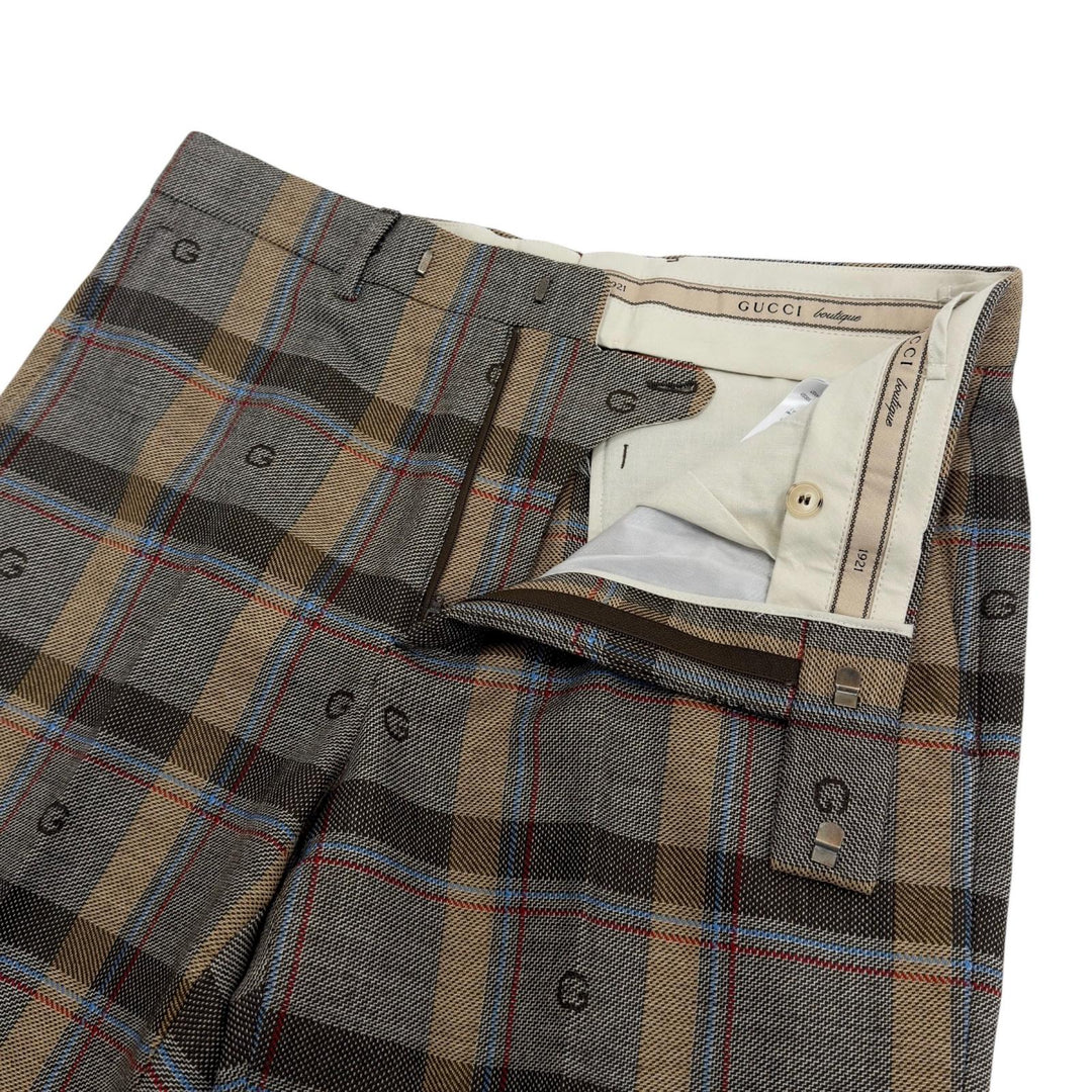 Excellent GUCCI slacks G logo, pleated, check pattern. wool 48 680704