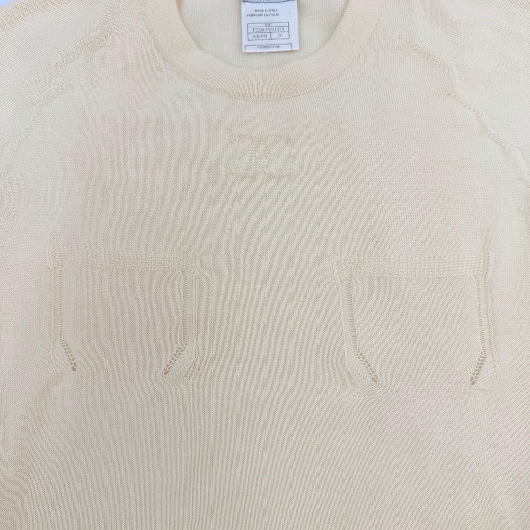 Great CHANEL Short sleeve knit 04C P22665 COCO Mark Embossed beige cashmere 36