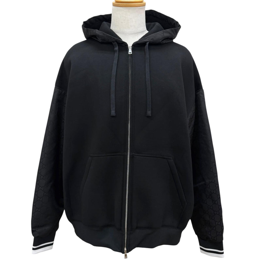 Pristine GUCCI hoodie GG Canvas Panel Zip Jacket black Rayon mens L 825340
