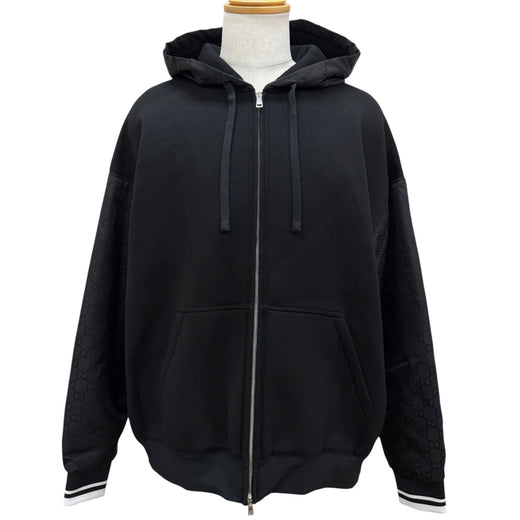 Pristine GUCCI hoodie GG Canvas Panel Zip Jacket black Rayon mens L 825340