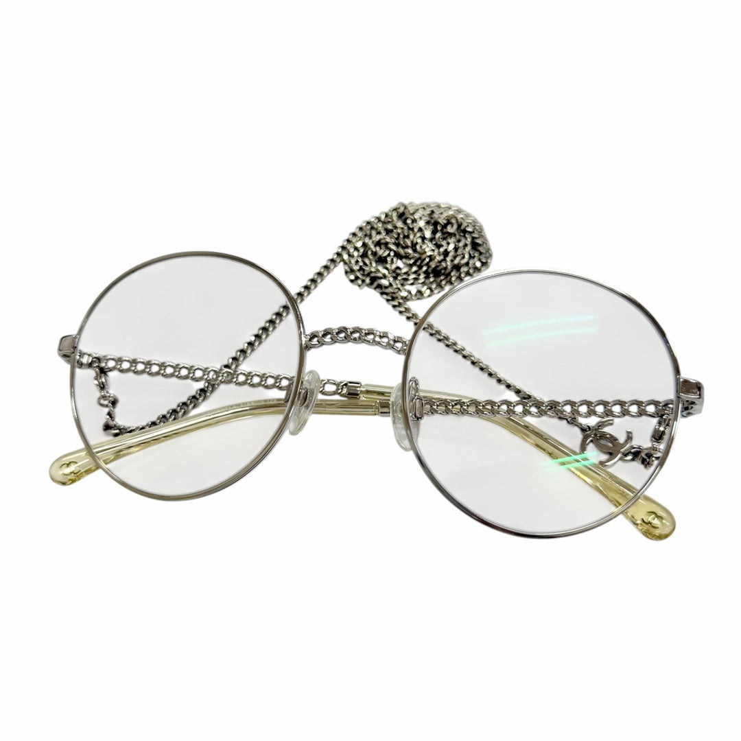 Great CHANEL Glasses COCO Mark Glass with Chain, Round Silver Women 2186