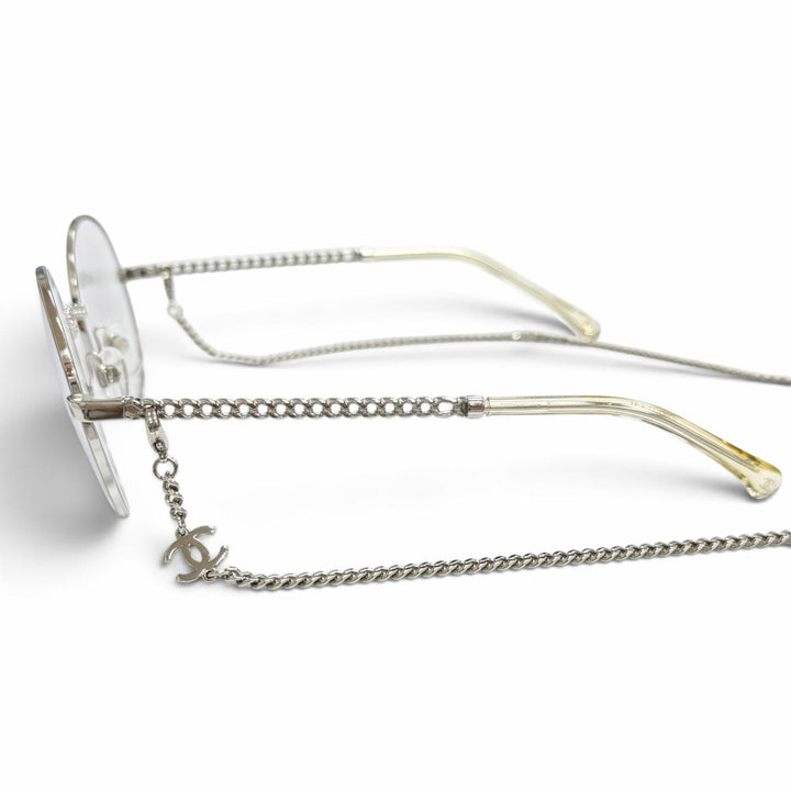 Great CHANEL Glasses COCO Mark Glass with Chain, Round Silver Women 2186