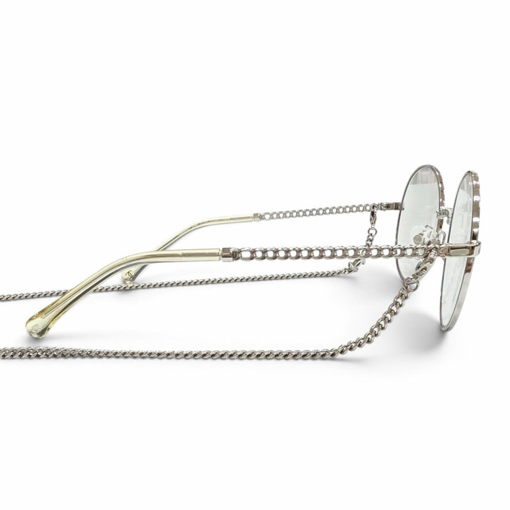 Great CHANEL Glasses COCO Mark Glass with Chain, Round Silver Women 2186