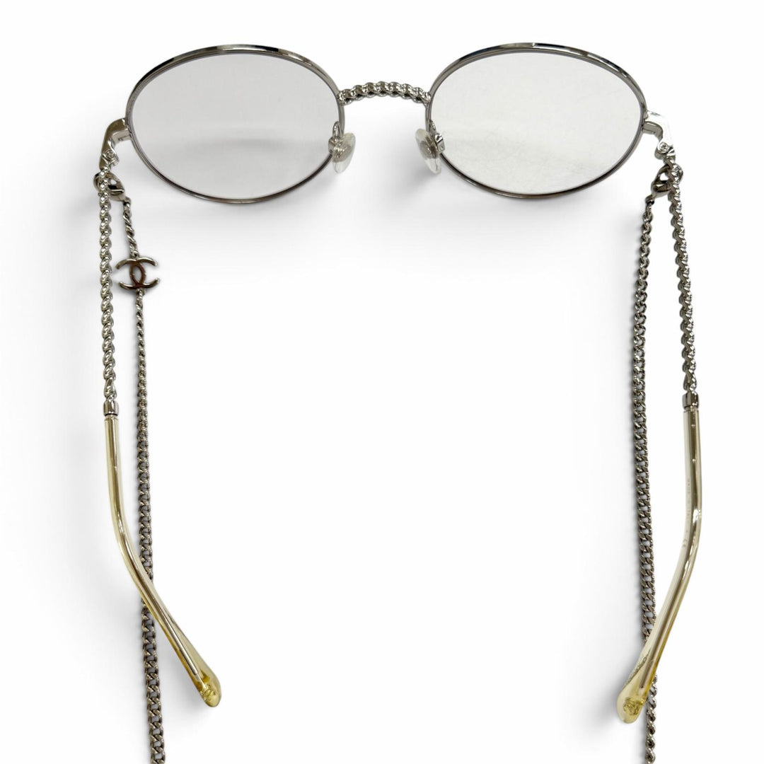 Great CHANEL Glasses COCO Mark Glass with Chain, Round Silver Women 2186