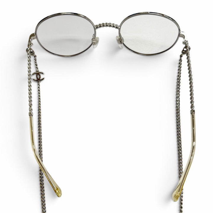 Great CHANEL Glasses COCO Mark Glass with Chain, Round Silver Women 2186