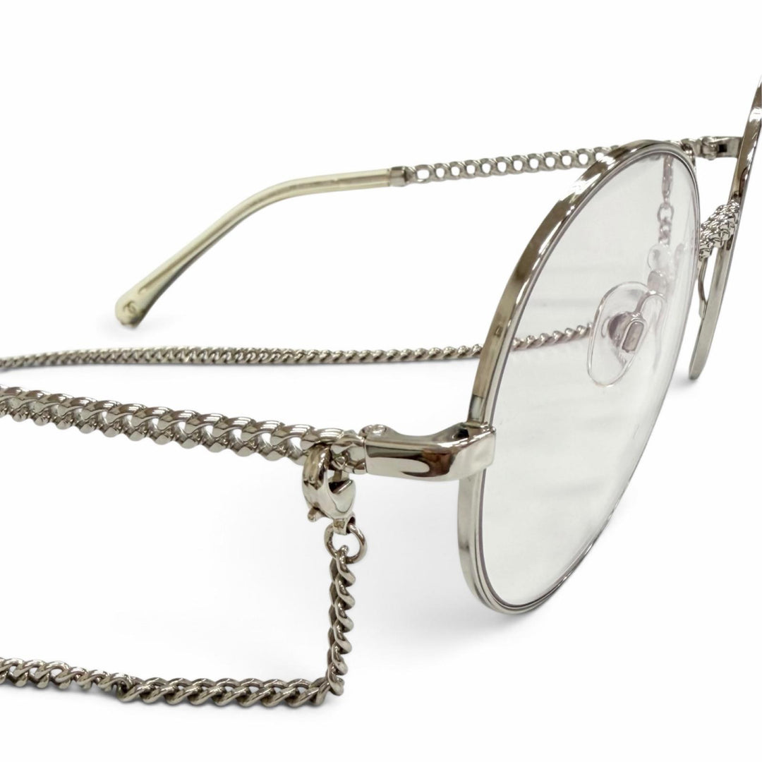 Great CHANEL Glasses COCO Mark Glass with Chain, Round Silver Women 2186