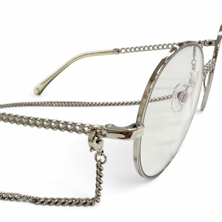 Great CHANEL Glasses COCO Mark Glass with Chain, Round Silver Women 2186