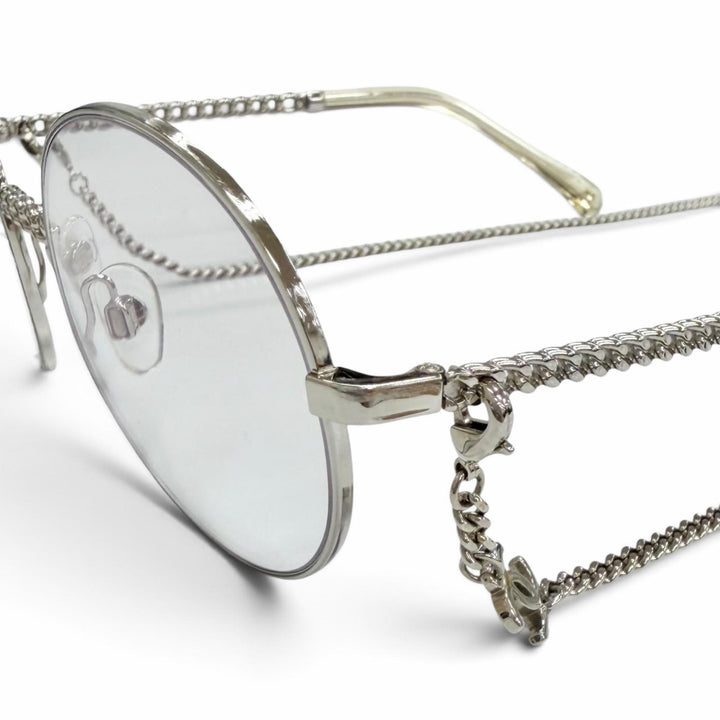 Great CHANEL Glasses COCO Mark Glass with Chain, Round Silver Women 2186