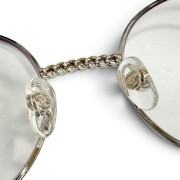 Great CHANEL Glasses COCO Mark Glass with Chain, Round Silver Women 2186