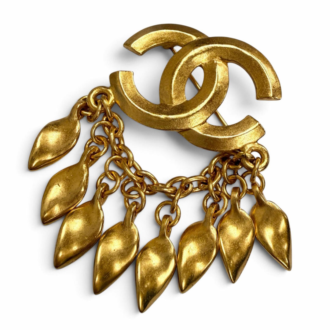 Excellent CHANEL Brooch COCO Mark Leaf Charm gold Women 96P