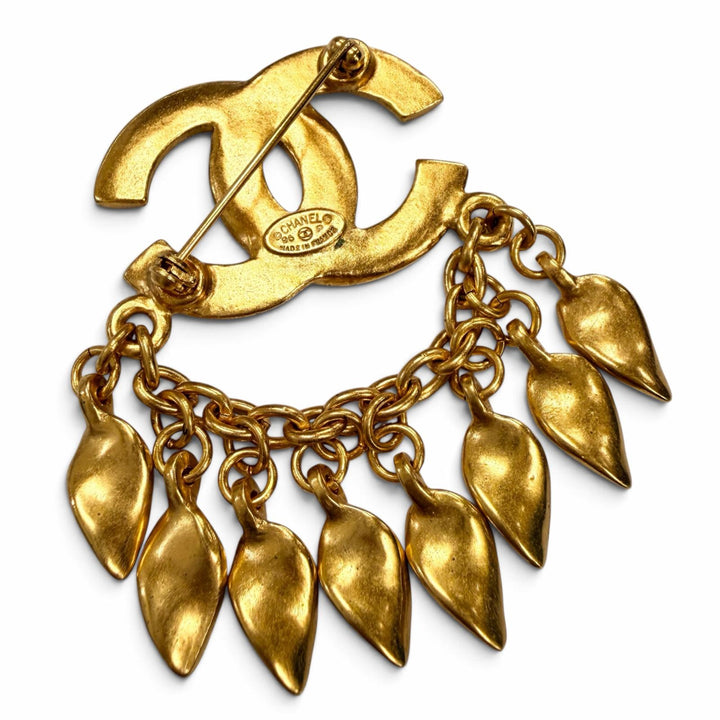 Excellent CHANEL Brooch COCO Mark Leaf Charm gold Women 96P
