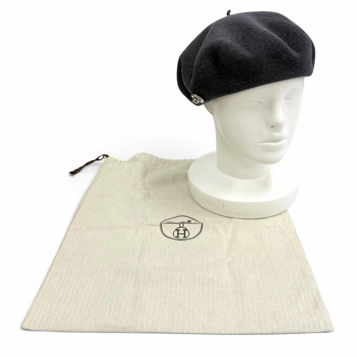 Excellent HERMES beret Glenan Inner Leather Trim gray wool Women FR 56