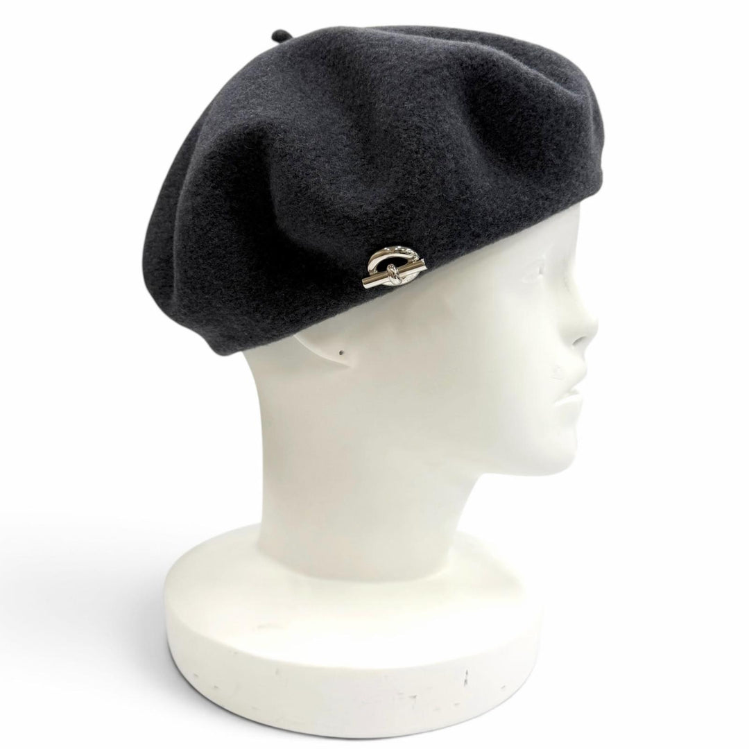 Excellent HERMES beret Glenan Inner Leather Trim gray wool Women FR 56