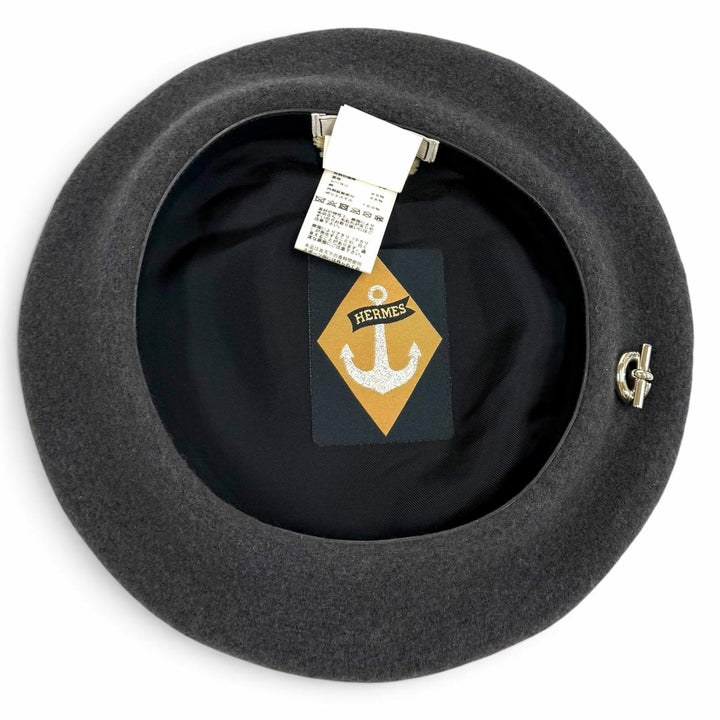 Excellent HERMES beret Glenan Inner Leather Trim gray wool Women FR 56
