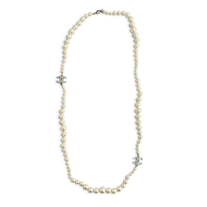 Excellent CHANEL Necklace COCO Mark Long Pearl White system Women A14V