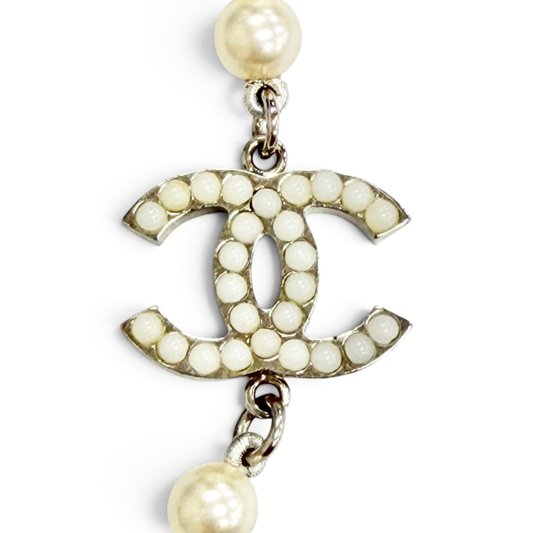 Excellent CHANEL Necklace COCO Mark Long Pearl White system Women A14V