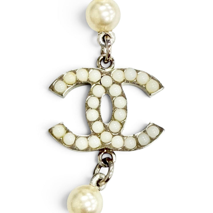 Excellent CHANEL Necklace COCO Mark Long Pearl White system Women A14V