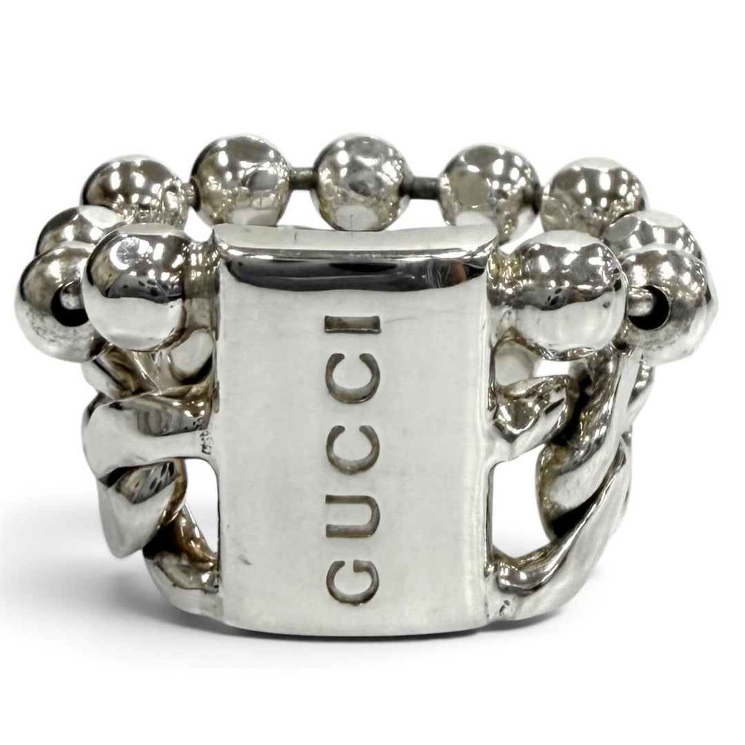 Great GUCCI Ring ring Logo-embroidered Cuban link ball chain Silver 925 Women