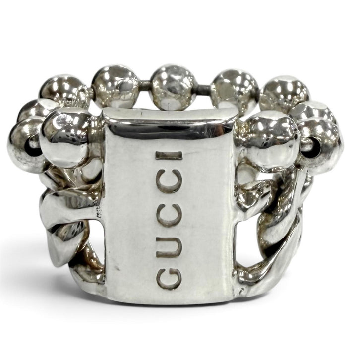 Great GUCCI Ring ring Logo-embroidered Cuban link ball chain Silver 925 Women