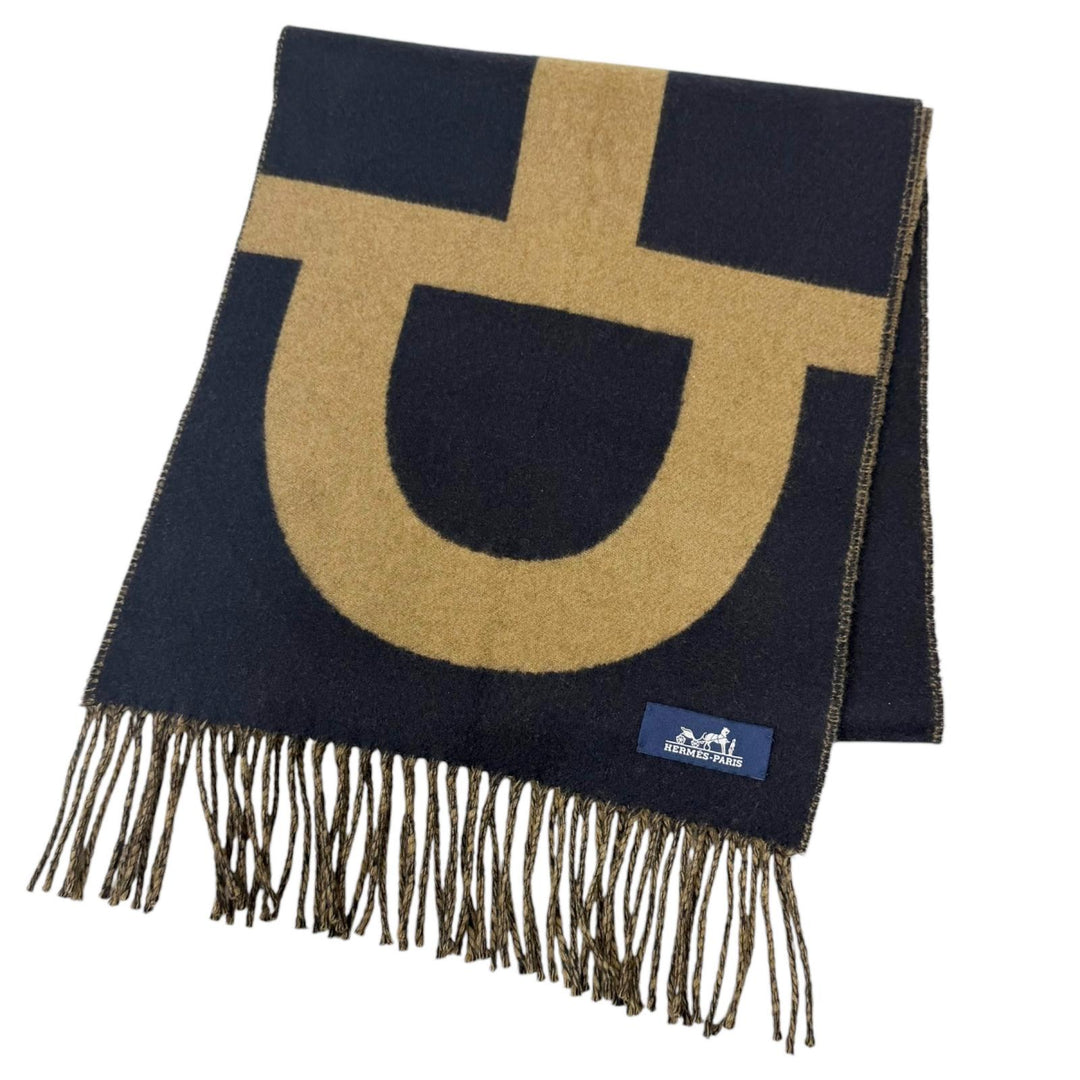 Excellent HERMES Scarf Horsebit Fringe Navy cashmere mens