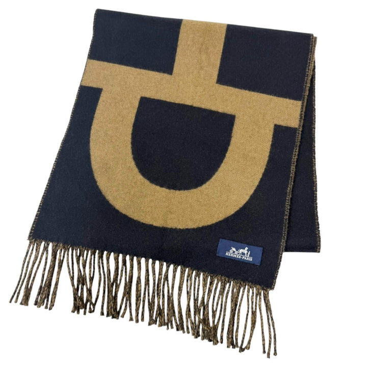 Excellent HERMES Scarf Horsebit Fringe Navy cashmere mens