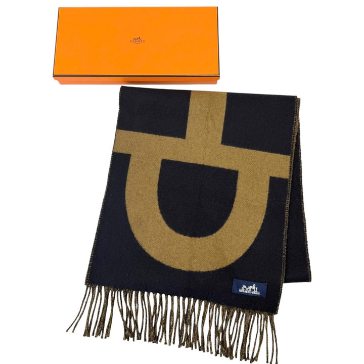 Excellent HERMES Scarf Horsebit Fringe Navy cashmere mens