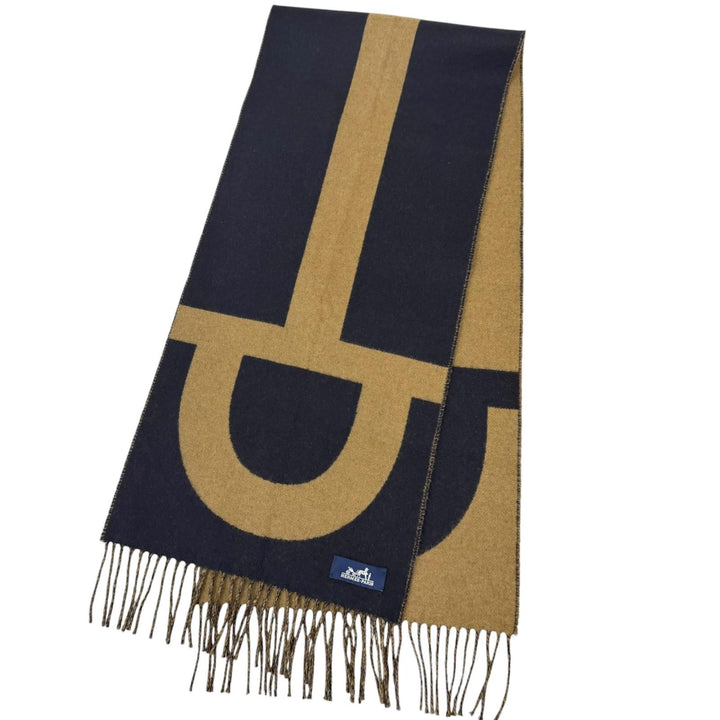 Excellent HERMES Scarf Horsebit Fringe Navy cashmere mens