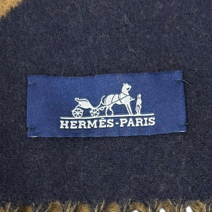 Excellent HERMES Scarf Horsebit Fringe Navy cashmere mens