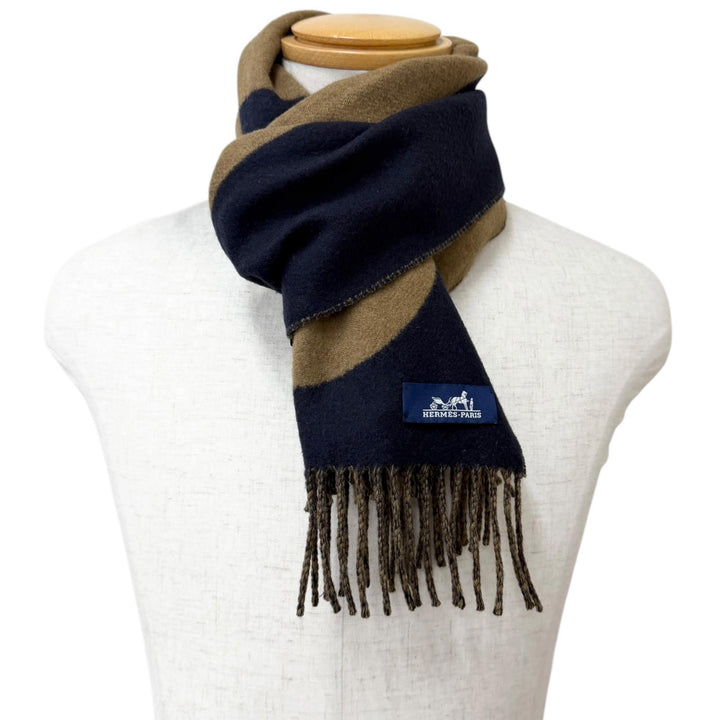 Excellent HERMES Scarf Horsebit Fringe Navy cashmere mens