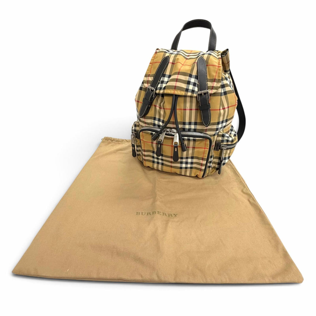 Excellent BURBERRY Vintage Nova Check Pattern Leather Trim Nylon Backpack beige