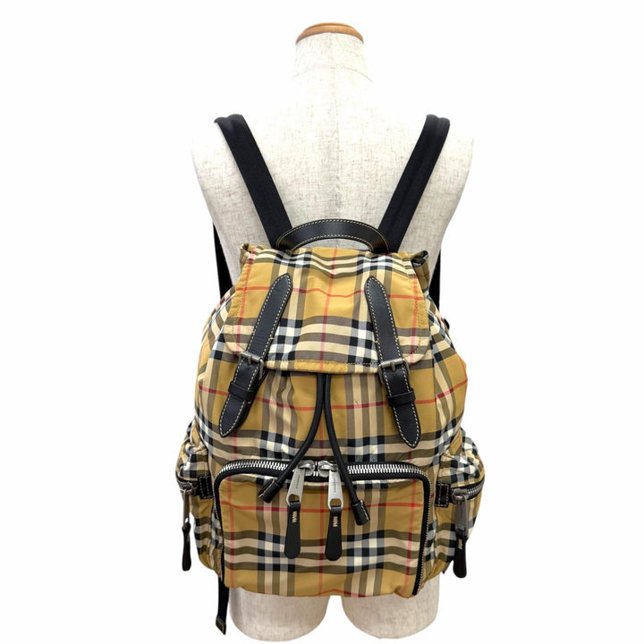Excellent BURBERRY Vintage Nova Check Pattern Leather Trim Nylon Backpack beige