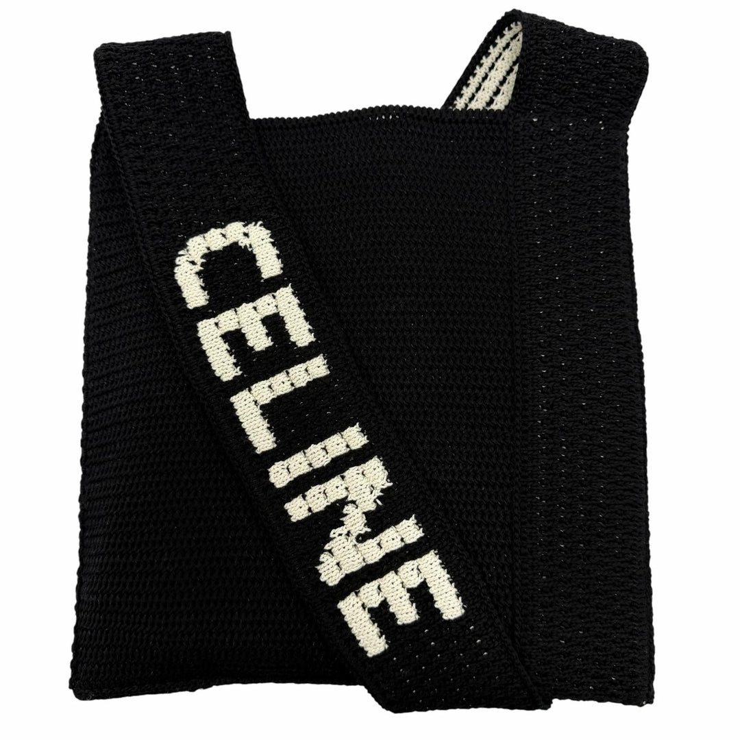 Pristine CELINE Shoulder Bag Crochet Logo Strap Knit black cotton 2ADCS817X