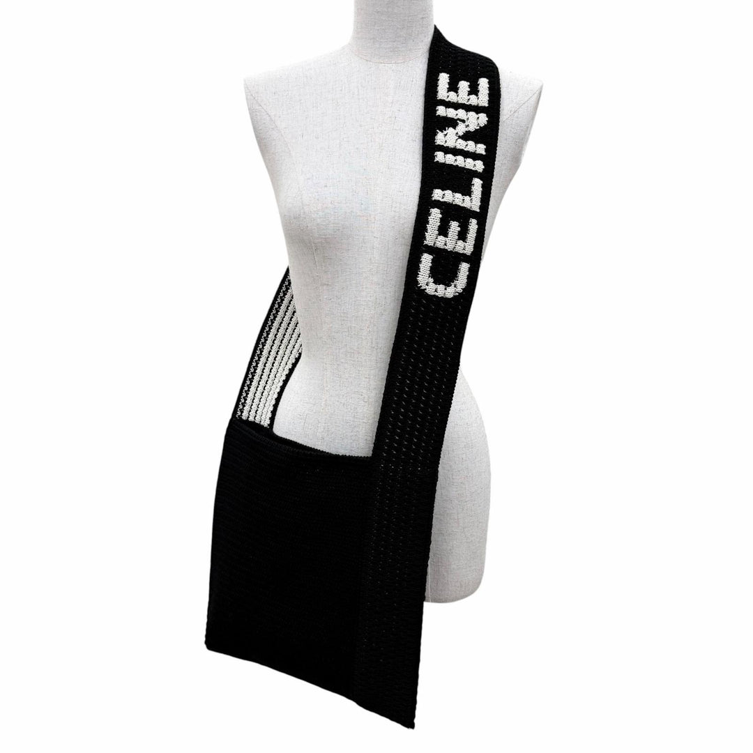 Pristine CELINE Shoulder Bag Crochet Logo Strap Knit black cotton 2ADCS817X