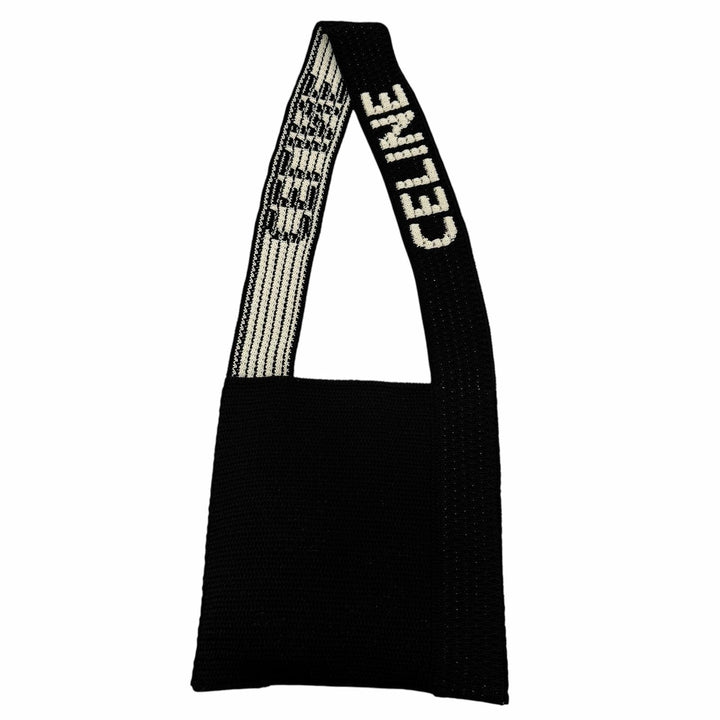 Pristine CELINE Shoulder Bag Crochet Logo Strap Knit black cotton 2ADCS817X